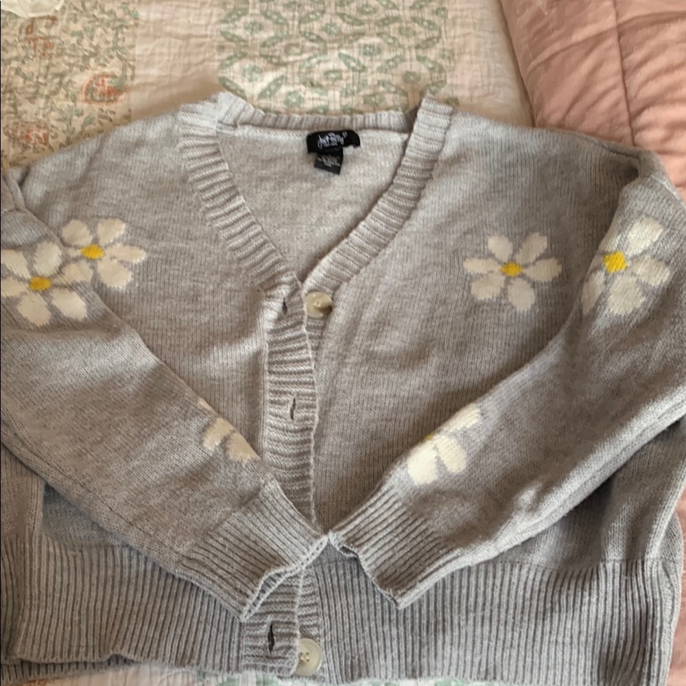 Gray Floral Cardigan Sweater